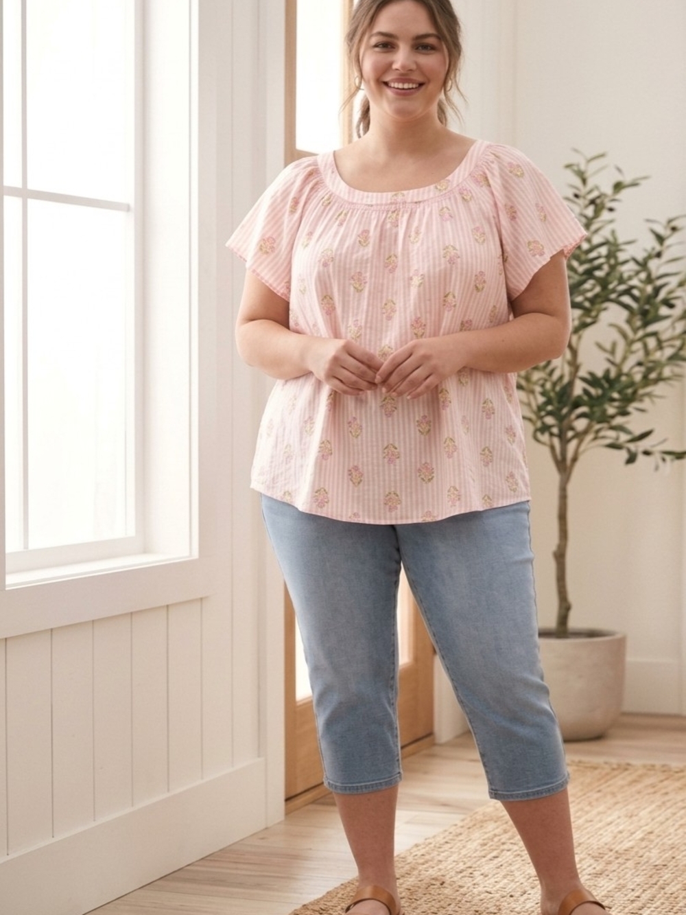 LC Lauren Conrad Pink and White Striped Floral Blouse